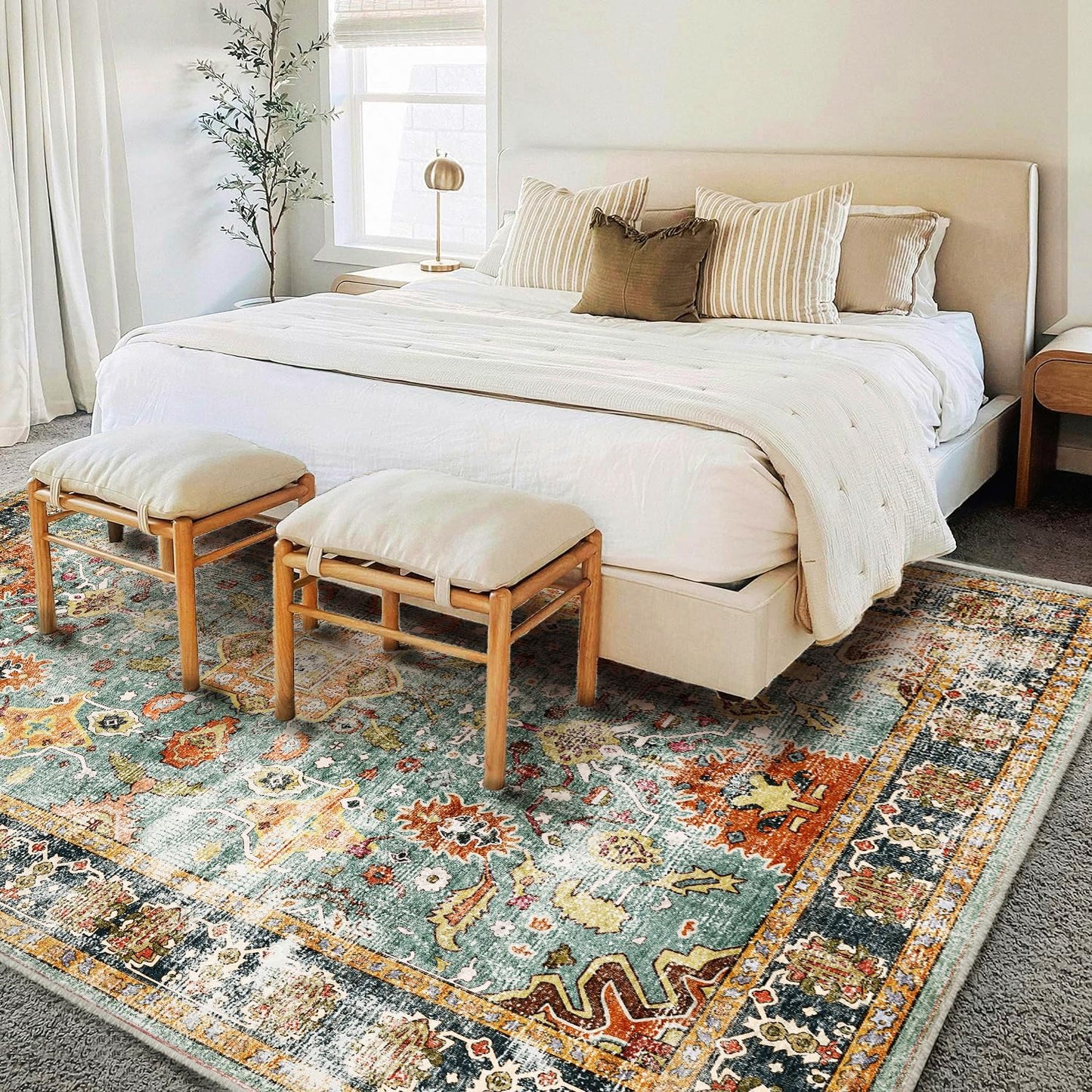 Area Rug 10'x14' Washable Vintage Traditional Mat Distressed Indoor Foldable Thin Retro Accent Floral Print Non Slip Carpet for Living Room Dining Room Office