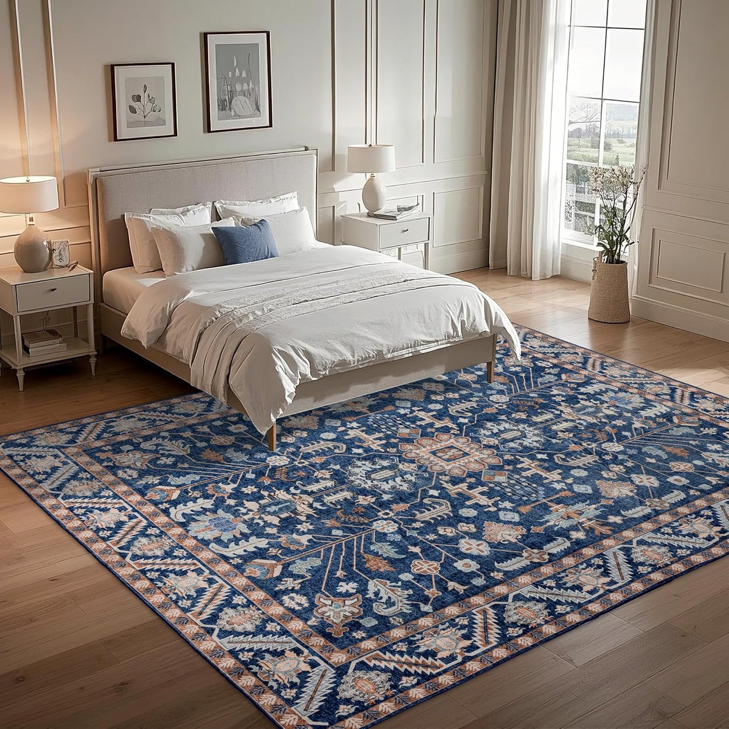 9x12 Area Rug Washable: Oriental Soft Area Rug for Living Room Bedroom No Shedding - Low Pile Thin Carpet Rug for Dining Room Non Slip - Boho Vintage Rug for Home Decor - Navy Blue
