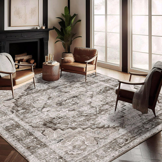 Washable Area Rug 9'x12' Deep Khaki Retro Flowers Boho Design Non-Shedding Easy Care Ideal for High Traffic Areas in Living Room Bedroom Office Coffee Table Kitchen Large Carpet