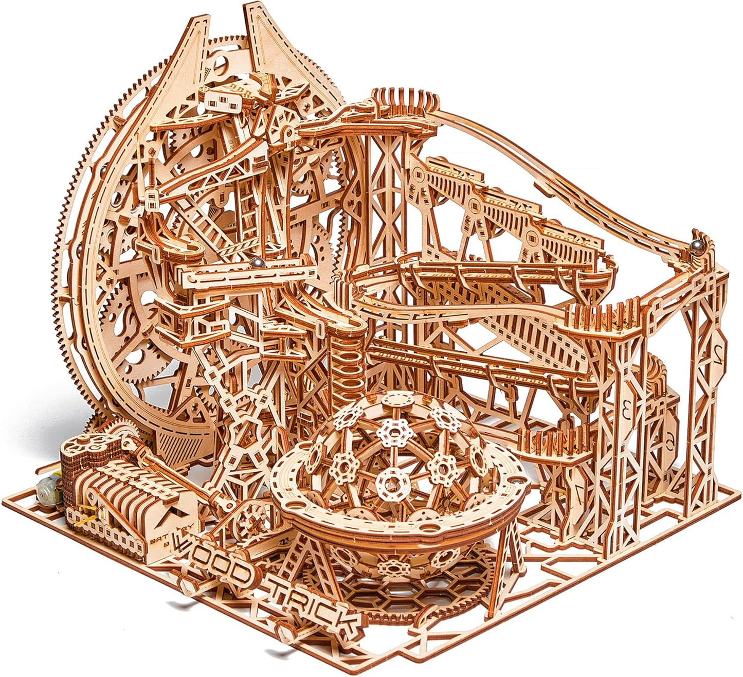 Wood Trick Wooden Marble Run Electric Motorized - 3D Wooden Puzzles for Adults and Kids to Build - 15x14 in - Roller Coaster Wooden Model Kits for Adults and Teens to Build